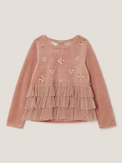 Monsoon Kids' Embellished Tulle Tiered Velour Top, Pink - view 2, Pink