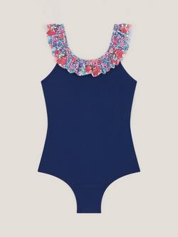 Monsoon Kids' Seashell Floral Frill Swimsuit, Blue, Blue