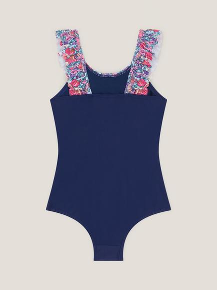 Monsoon Kids' Seashell Floral Frill Swimsuit, Blue - view 2, Blue
