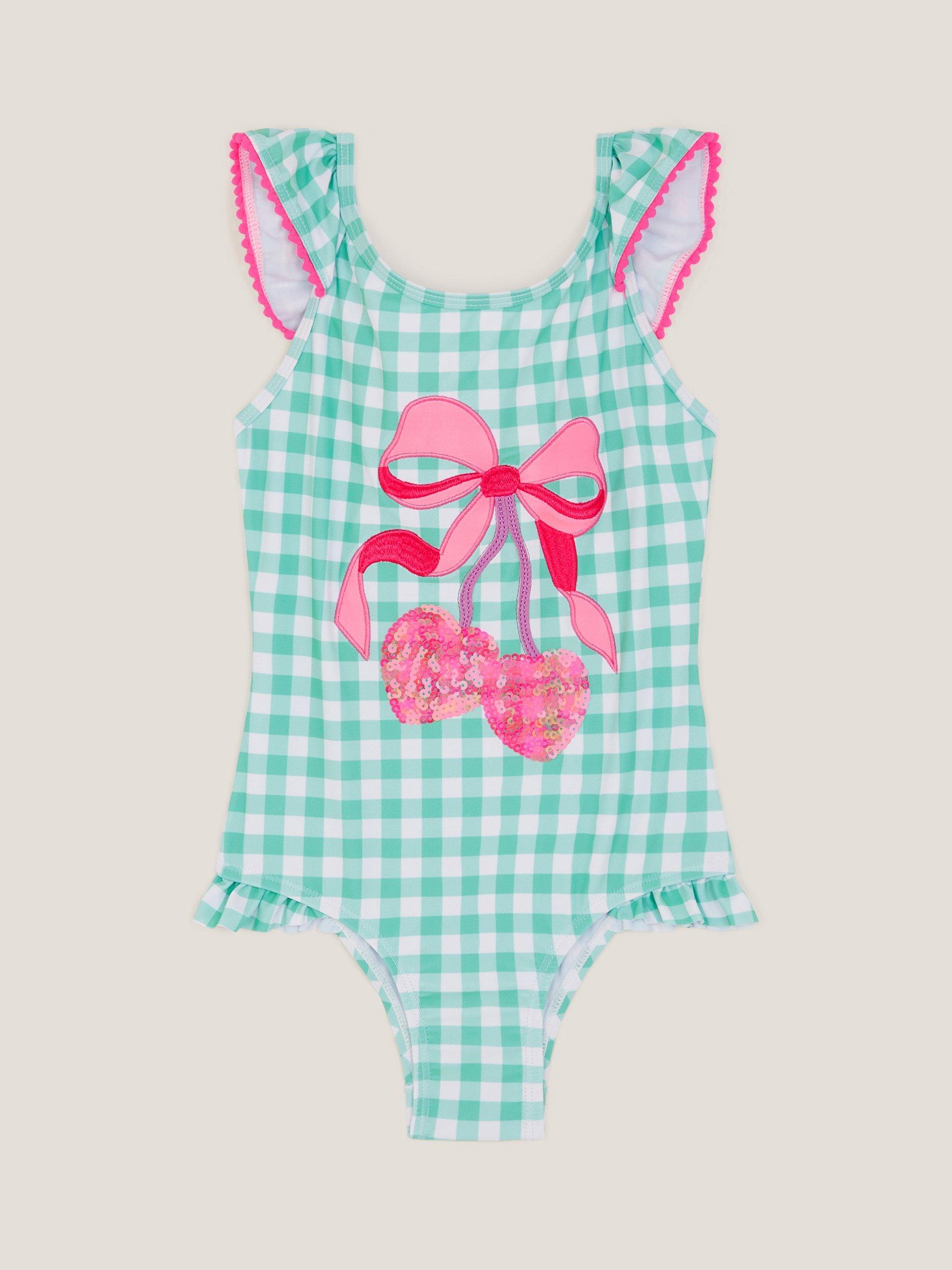 Product image 1 of 3, which shows Monsoon Kids' Sequin Cherry Swimsuit, Green, 3-4 years