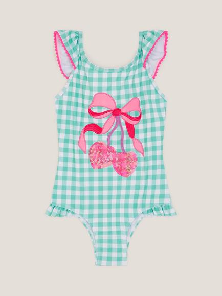 Monsoon Kids' Sequin Cherry Swimsuit, Green, Green