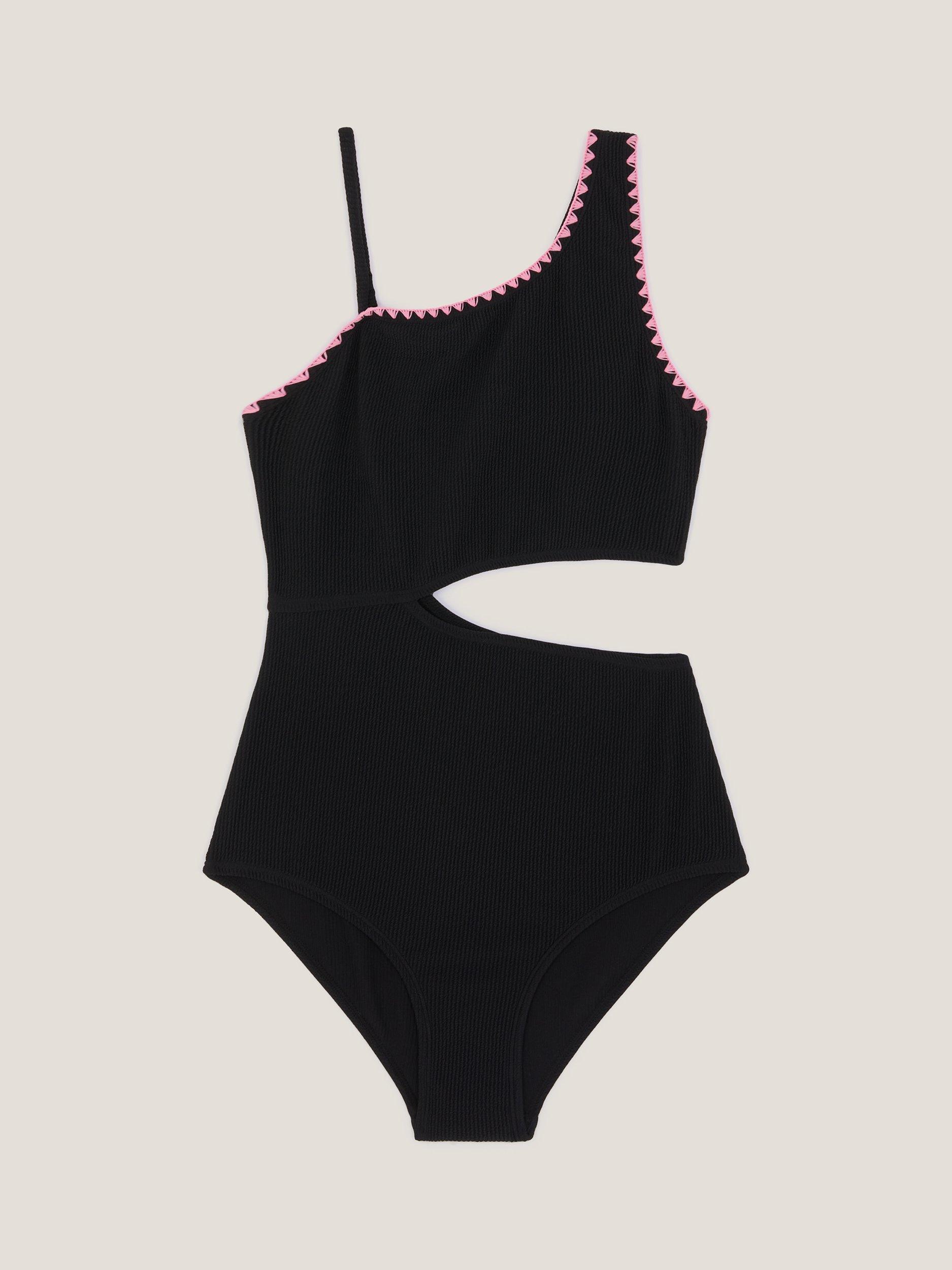Product image 1 of 3, which shows Monsoon Kids' Stitch Cut Out Swimsuit, Black, 7-8 years
