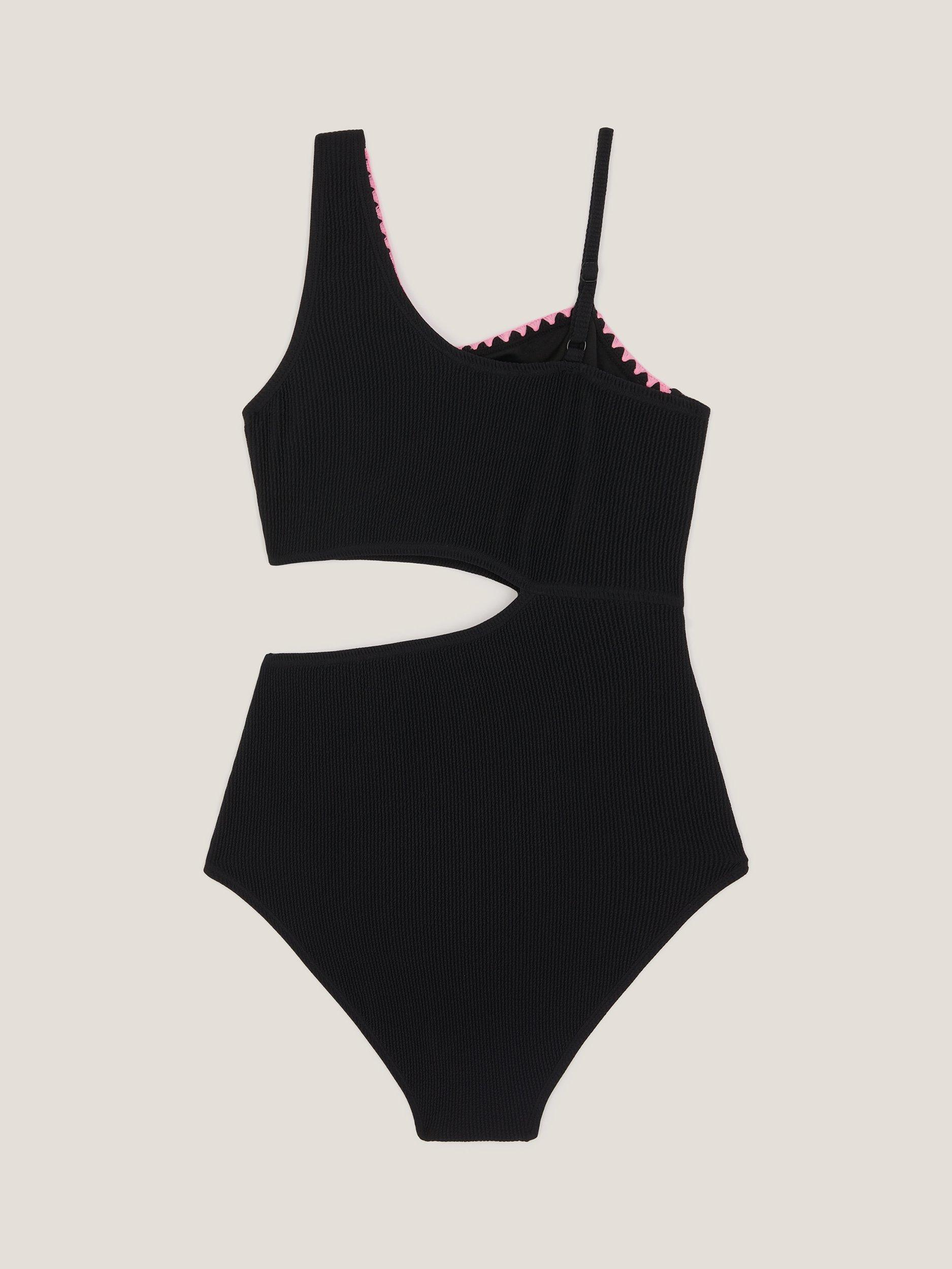 Product image 2 of 3, which shows Monsoon Kids' Stitch Cut Out Swimsuit, Black, 7-8 years