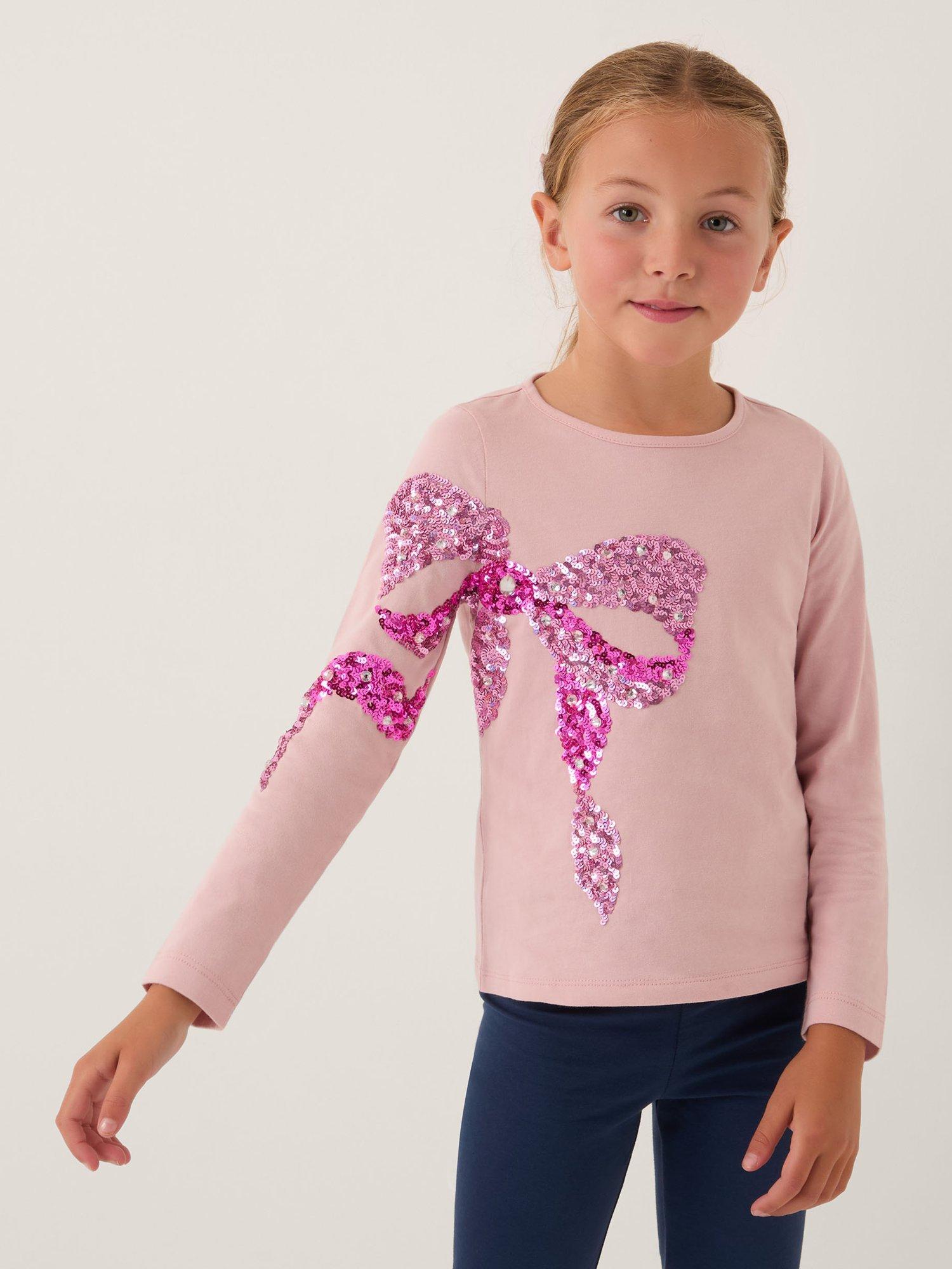 Product image 1 of 4, which shows Monsoon Kids' Sequin Bow Long Sleeve Top, Pink, 3-4 years