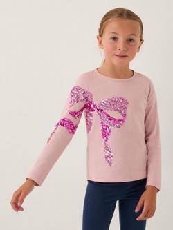 Monsoon Kids' Sequin Bow Long Sleeve Top, Pink, Pink