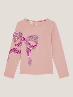 Monsoon Kids' Sequin Bow Long Sleeve Top, Pink - view 2, Pink