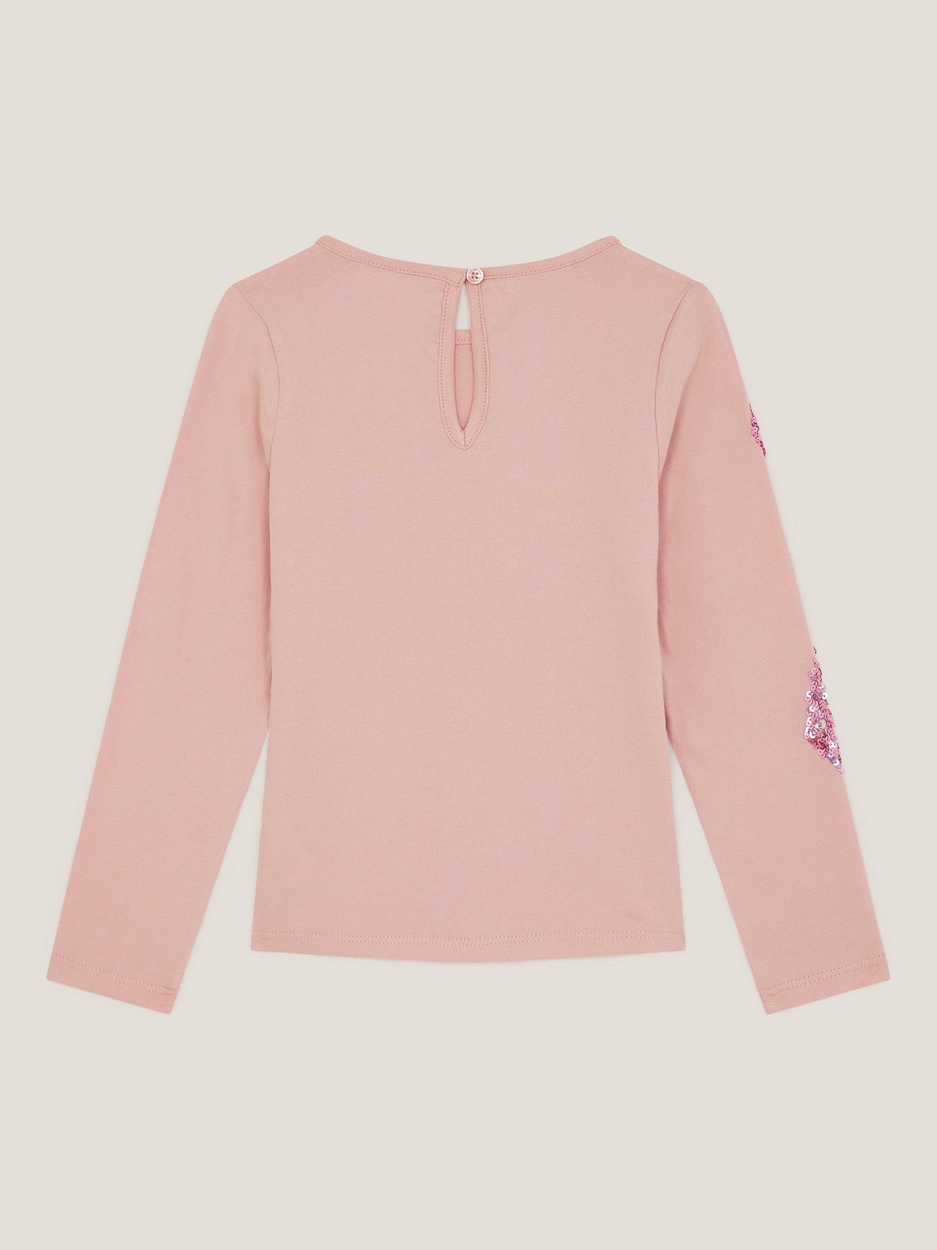 Product image 3 of 4, which shows Monsoon Kids' Sequin Bow Long Sleeve Top, Pink, 3-4 years