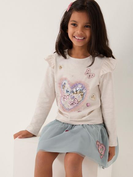 Monsoon Kids' Sequin Heart Butterfly Long Sleeve Top, Ivory, Ivory