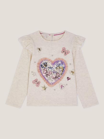 Monsoon Kids' Sequin Heart Butterfly Long Sleeve Top, Ivory - view 2, Ivory