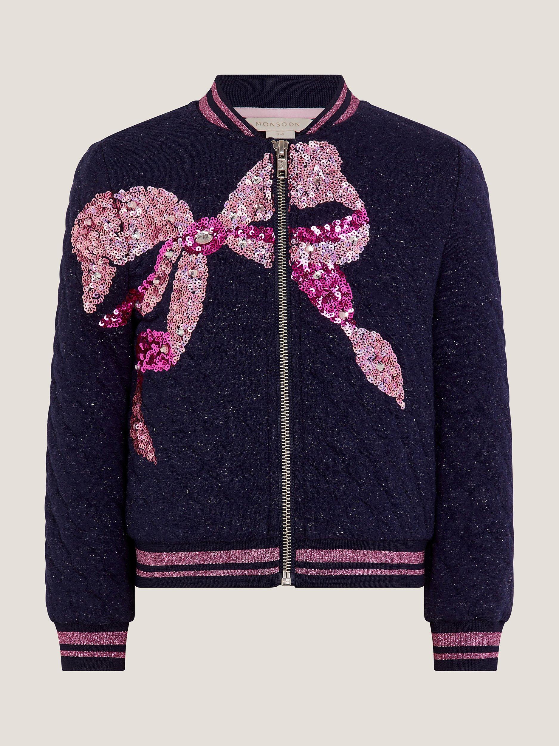 Product image 2 of 4, which shows Monsoon Kids' Sequin Bow Bomber Jacket, Navy, 3-4 years