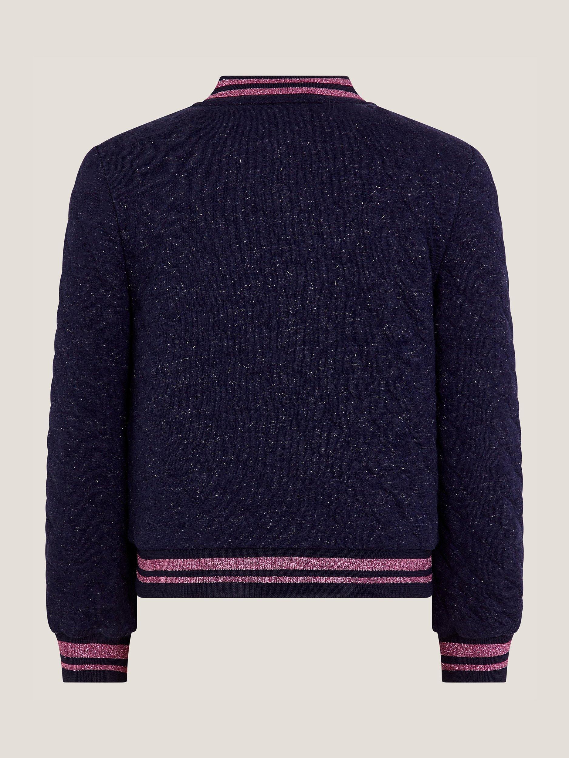 Product image 3 of 4, which shows Monsoon Kids' Sequin Bow Bomber Jacket, Navy, 3-4 years