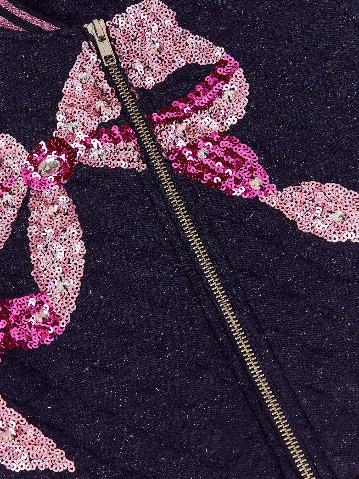 Product image 4 of 4, which shows Monsoon Kids' Sequin Bow Bomber Jacket, Navy, 3-4 years