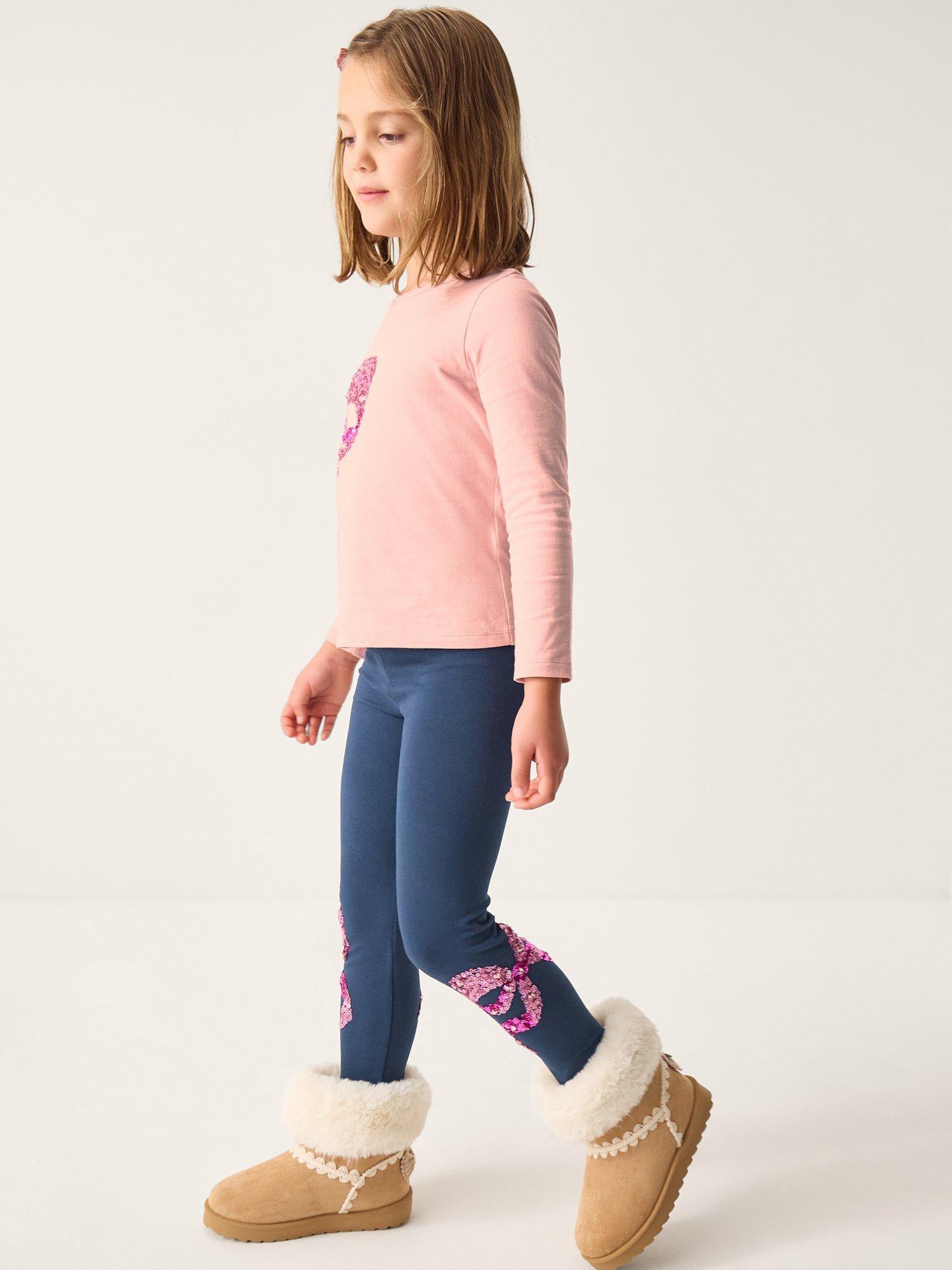 Product image 1 of 4, which shows Monsoon Kids' Sequin Bow Leggings, Navy, 3-4 years