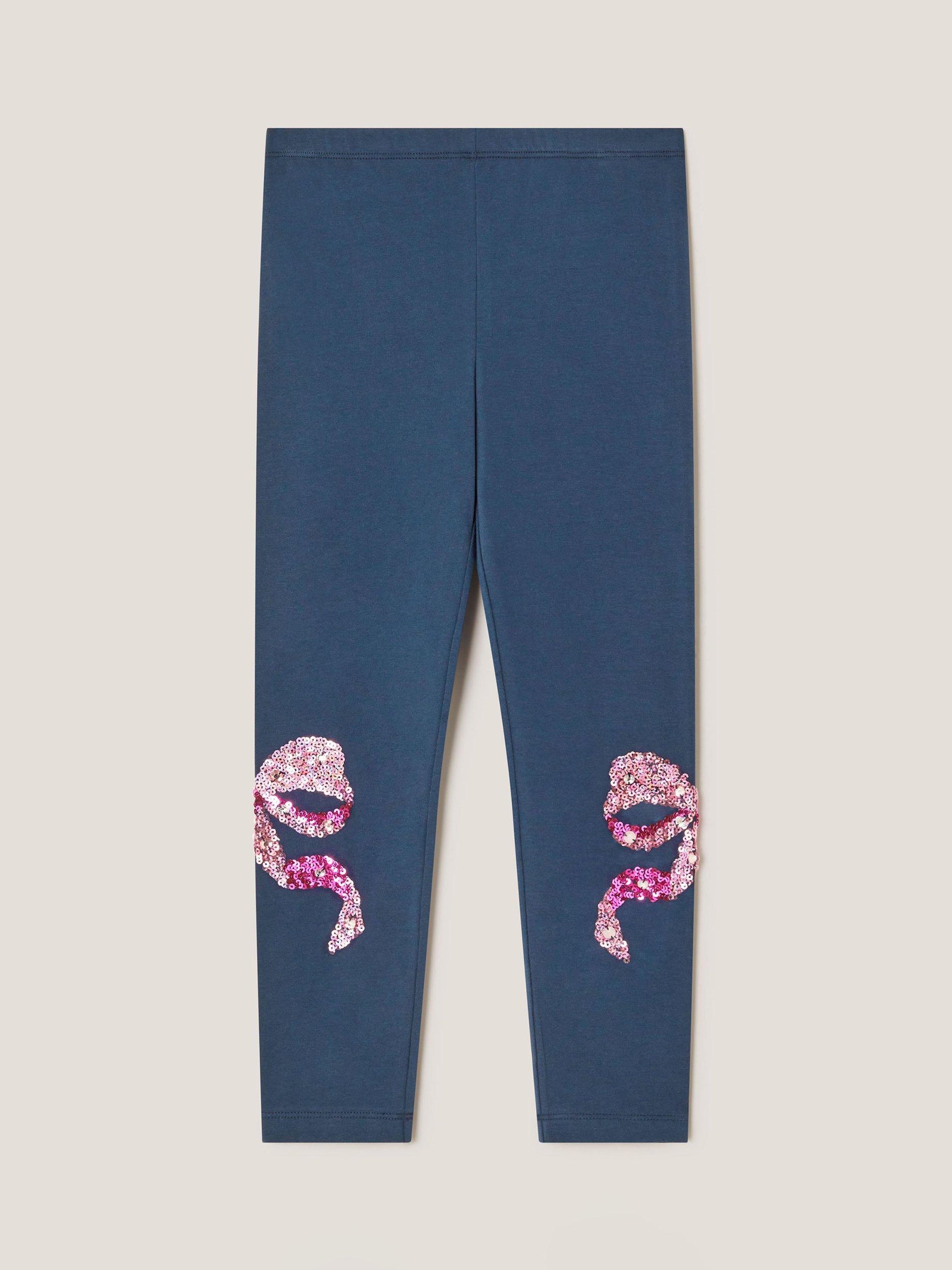 Product image 2 of 4, which shows Monsoon Kids' Sequin Bow Leggings, Navy, 3-4 years