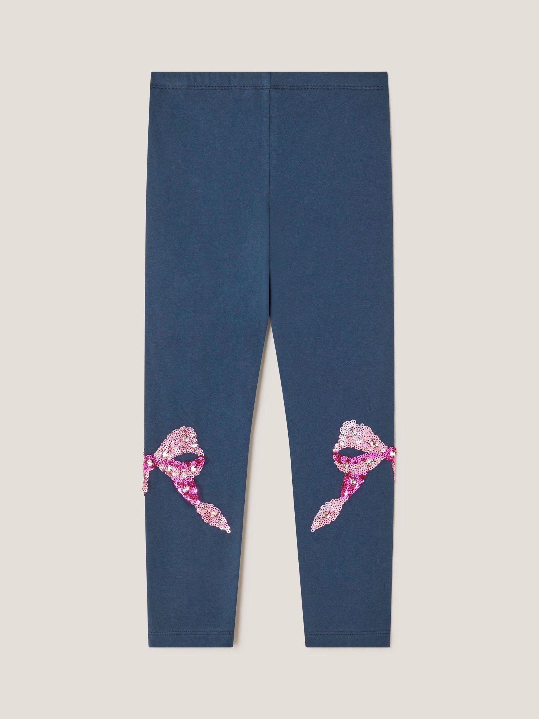 Product image 3 of 4, which shows Monsoon Kids' Sequin Bow Leggings, Navy, 3-4 years