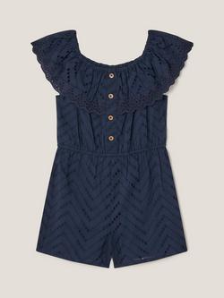 Monsoon Kids' Frilly Broderie Playsuit, Navy, Navy