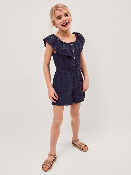 Monsoon Kids' Frilly Broderie Playsuit, Navy, Navy