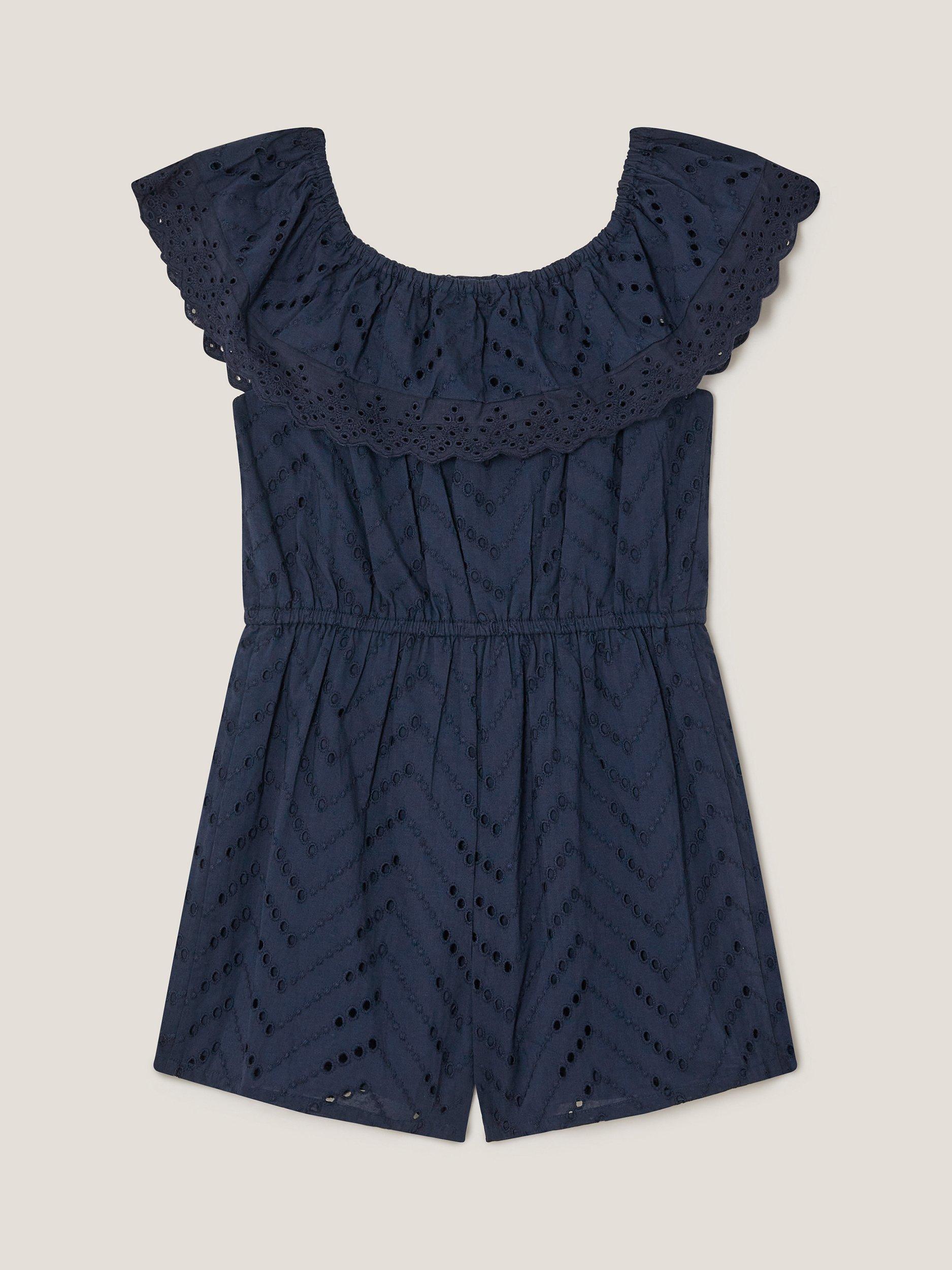 Product image 2 of 3, which shows Monsoon Kids' Frilly Broderie Playsuit, Navy, 3-4 years