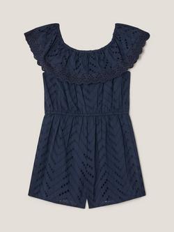 Monsoon Kids' Frilly Broderie Playsuit, Navy - view 2, Navy