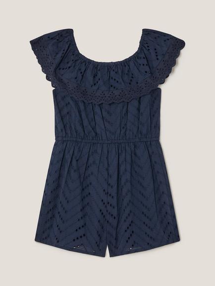 Monsoon Kids' Frilly Broderie Playsuit, Navy - view 2, Navy