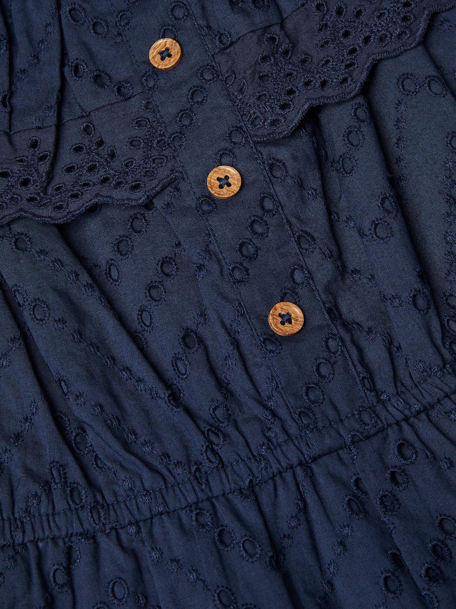 Product image 3 of 3, which shows Monsoon Kids' Frilly Broderie Playsuit, Navy, 3-4 years