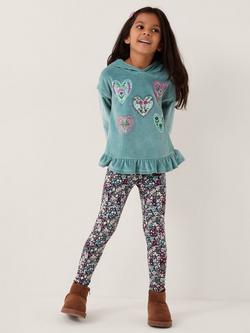 Monsoon Kids' Embellished Velour Hoodie & Floral Leggings Set, Green, Green