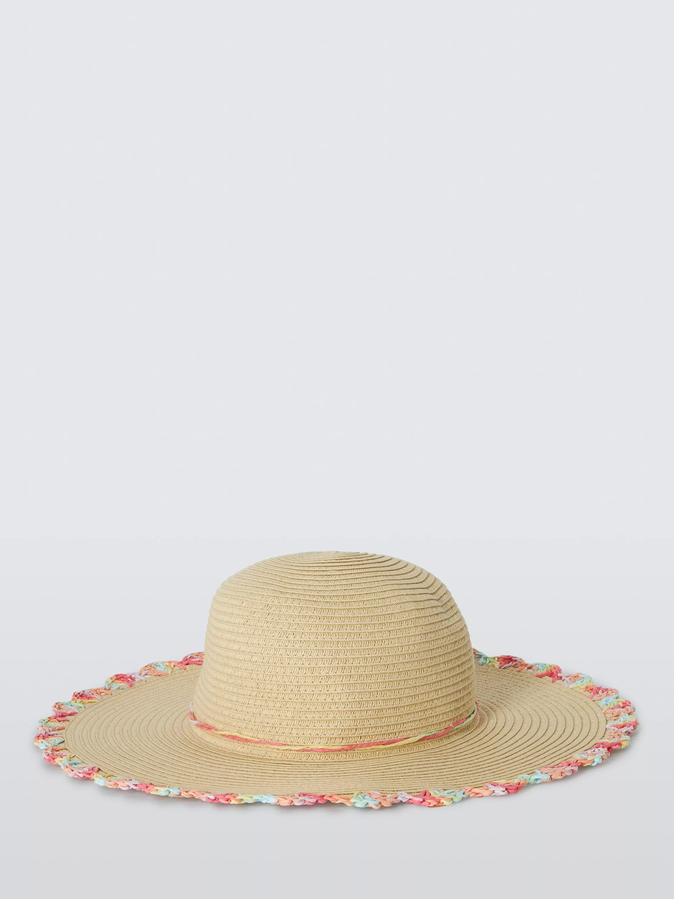 Wide-brim straw sun hat with pastel braided trim, lightweight summer beach accessory on plain background
