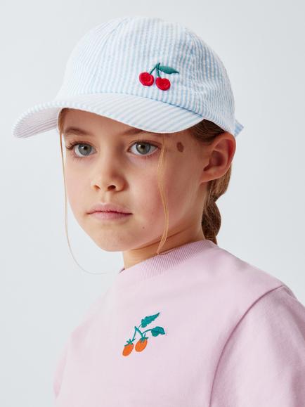 John Lewis Kids' Seersucker Cherry Embroidery Cap, Blue, Blue
