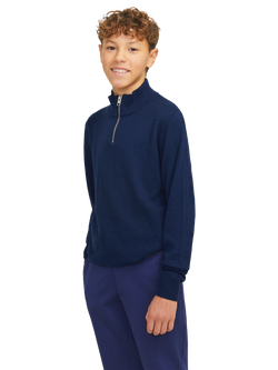 Jack & Jones Kids' Emil Cotton Blend Quarter Zip Neck Jumper, Navy Blazer - view 2, Navy Blazer
