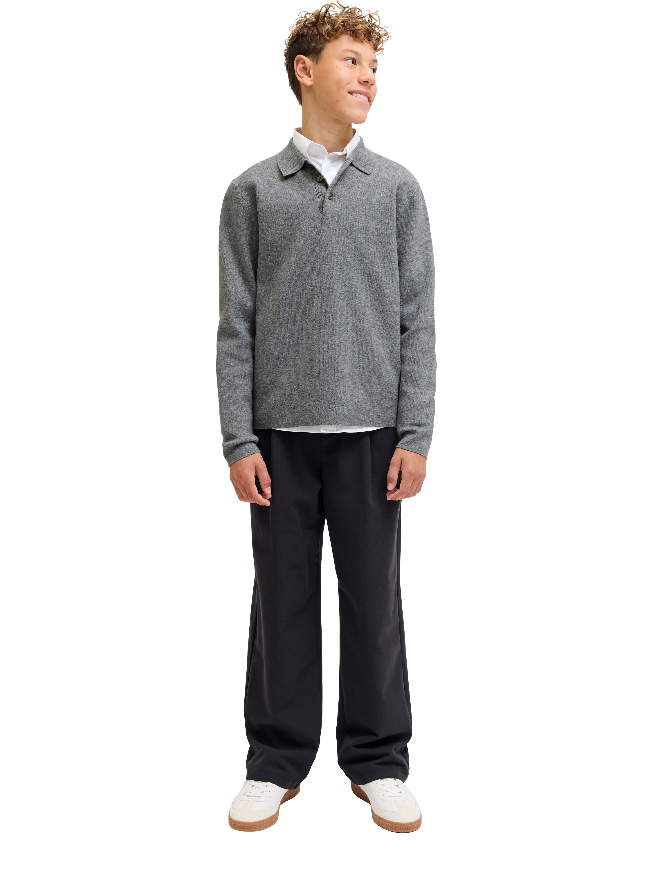 Product image 1 of 8, which shows Jack & Jones Knitted Long Sleeve Polo Top, Grey Melange, 8 years