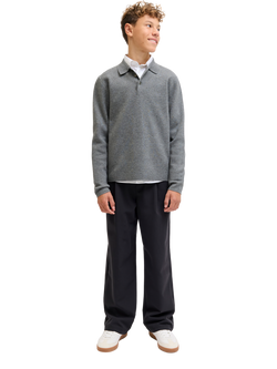 Jack & Jones Knitted Long Sleeve Polo Top, Grey Melange, Grey Melange