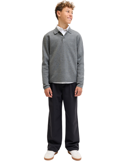 Jack & Jones Knitted Long Sleeve Polo Top, Grey Melange, Grey Melange