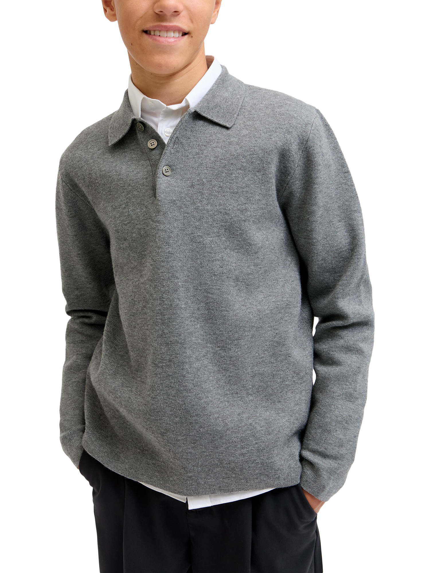 Product image 2 of 8, which shows Jack & Jones Knitted Long Sleeve Polo Top, Grey Melange, 8 years