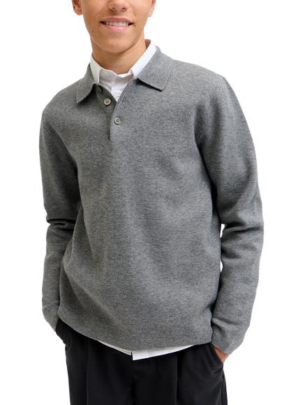 Jack & Jones Knitted Long Sleeve Polo Top, Grey Melange - view 2, Grey Melange