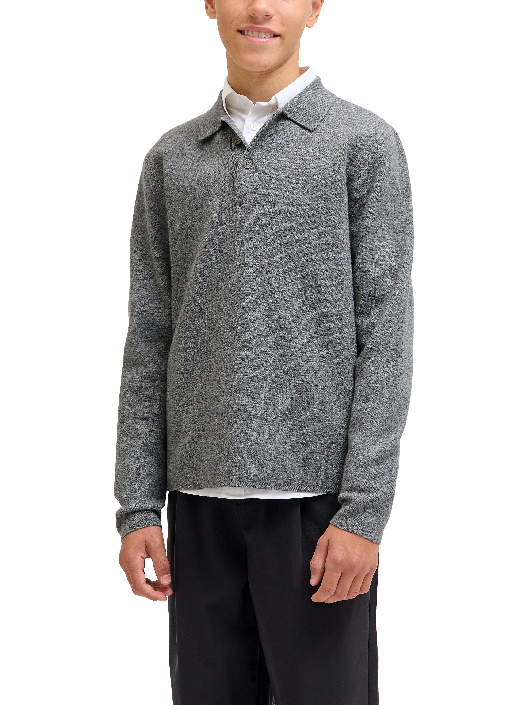 Product image 3 of 8, which shows Jack & Jones Knitted Long Sleeve Polo Top, Grey Melange, 8 years