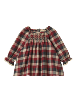 WHEAT Baby Cotton Long Sleeved Checked Dress, Red/Blue, Red/Blue