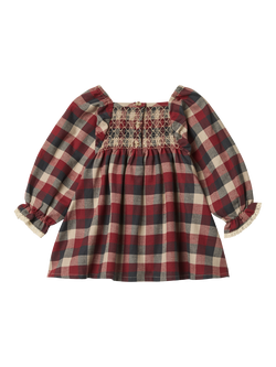 WHEAT Baby Cotton Long Sleeved Checked Dress, Red/Blue - view 2, Red/Blue