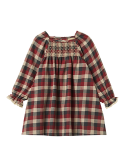 WHEAT Kids' Cotton Long Sleeved Checked Dress, Red Blue, Red Blue