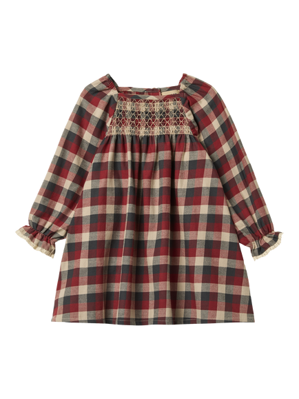 WHEAT Kids' Cotton Long Sleeved Checked Dress, Red Blue, Red Blue