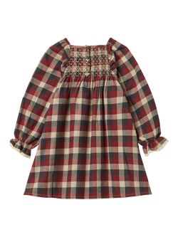 WHEAT Kids' Cotton Long Sleeved Checked Dress, Red Blue - view 2, Red Blue