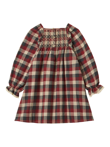 WHEAT Kids' Cotton Long Sleeved Checked Dress, Red Blue - view 2, Red Blue