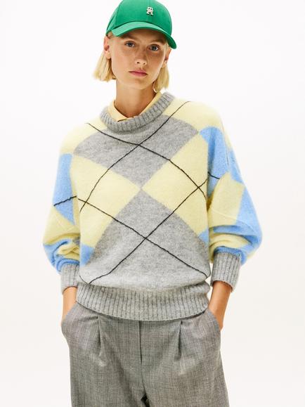 Tommy Hilfiger Argyle Alpaca Wool Blend Jumper, Grey/Multi, Grey/Multi