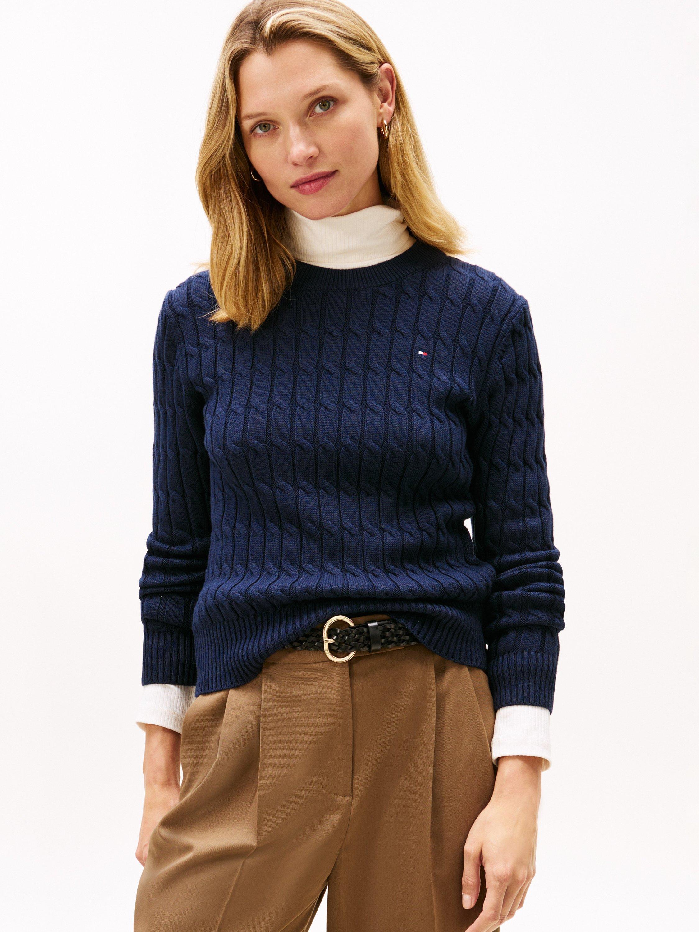 Product image 1 of 5, which shows Tommy Hilfiger Cotton Cable Knit Jumper, Dark Night Navy, XS