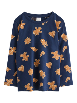 Lindex Kids' Cotton Gingerbread Shapes Long Sleeve Top, Dark Blue
