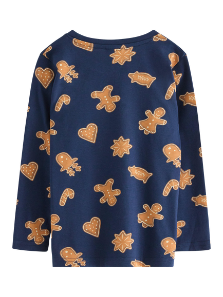 Lindex Kids' Cotton Gingerbread Shapes Long Sleeve Top - view 2, Dark Blue