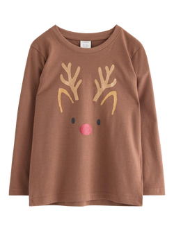 Lindex Kids' Cotton Reindeer Long Sleeve Top, Brown, Brown