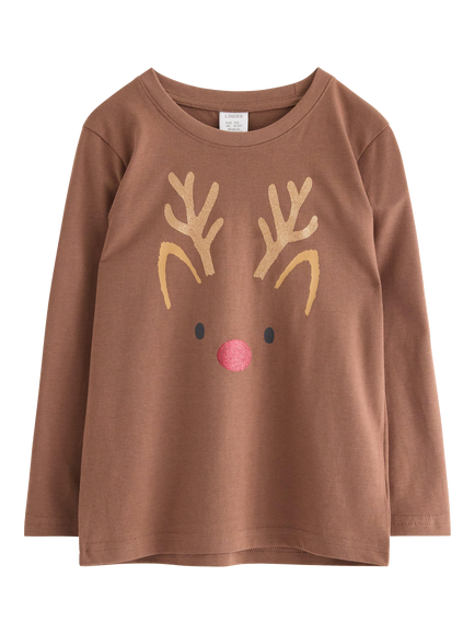 Lindex Kids' Cotton Reindeer Long Sleeve Top, Brown, Brown