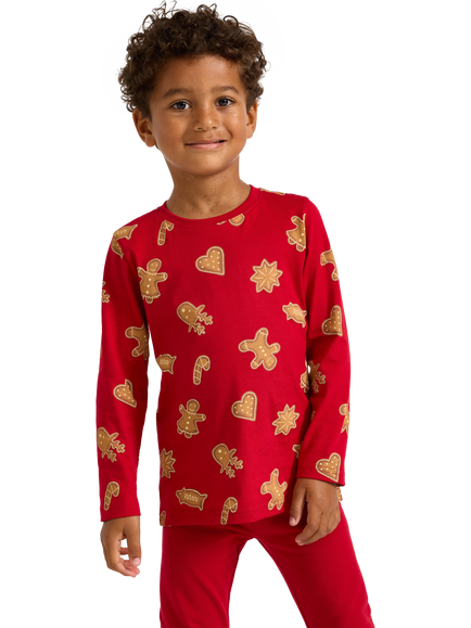 Lindex Kids' Cotton Gingerbread Shapes Long Sleeve Top, Dark Red, Dark Red