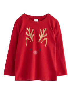 Lindex Kids' Cotton Reindeer Long Sleeve Top, Dark Red, Dark Red