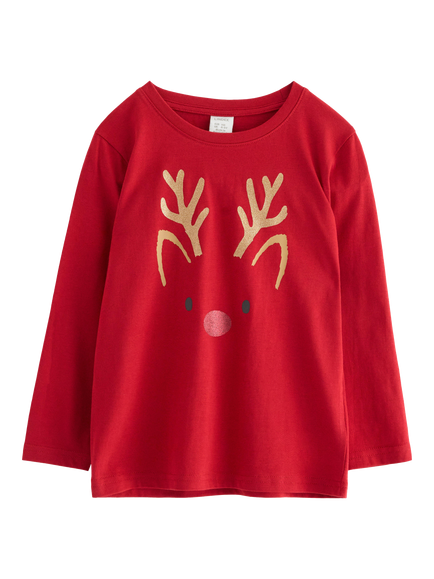 Lindex Kids' Cotton Reindeer Long Sleeve Top, Dark Red, Dark Red